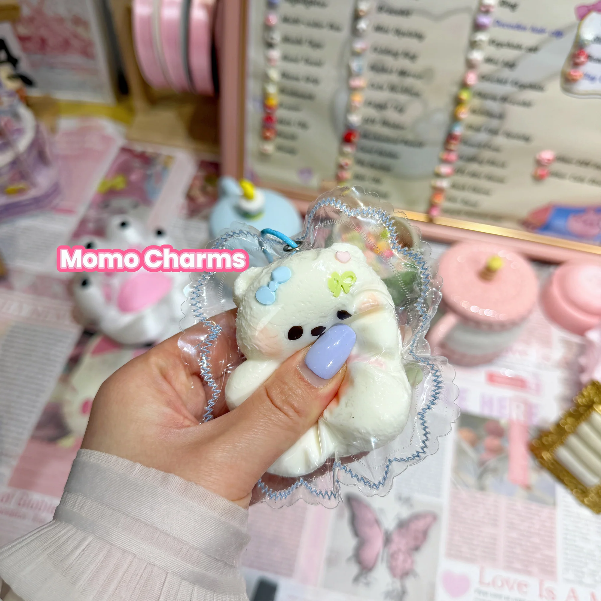 Pink Shirt Bear with Blue Bow Silicone Taba Squishy Toy - Image 2
